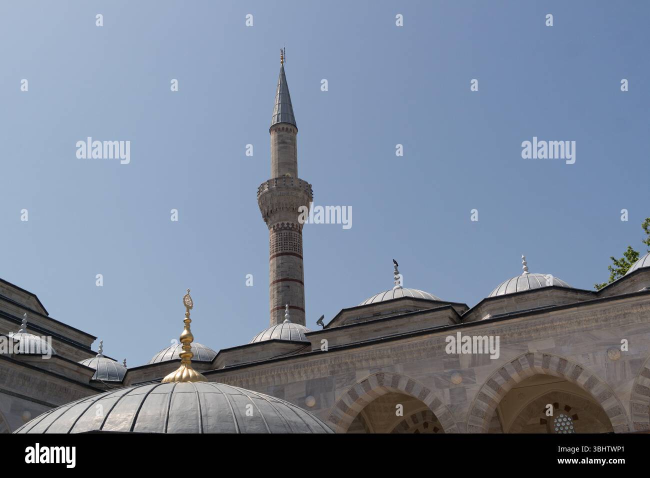 Besucher bewundern das komplizierte Design einer historischen Moschee in Istanbul mit einem hoch aufragenden Minarett und dekorativen Kuppeln unter einem klaren blauen Himmel. Stockfoto