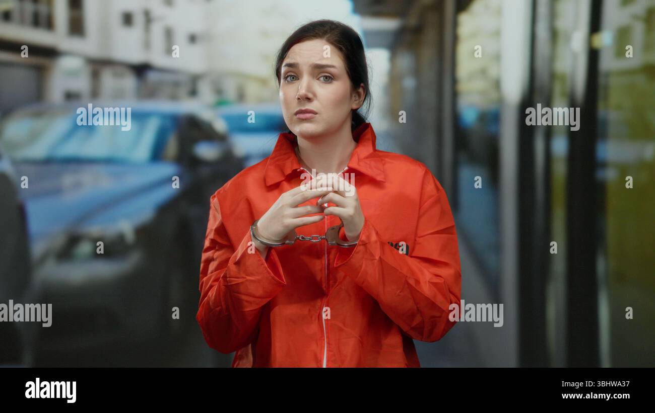 Frau mit brünetten Haaren in Gefängnisanzug und Handschellen steht draußen auf der Straße und vermittelt Emotionen und rechtliche Konsequenzen. Stockfoto