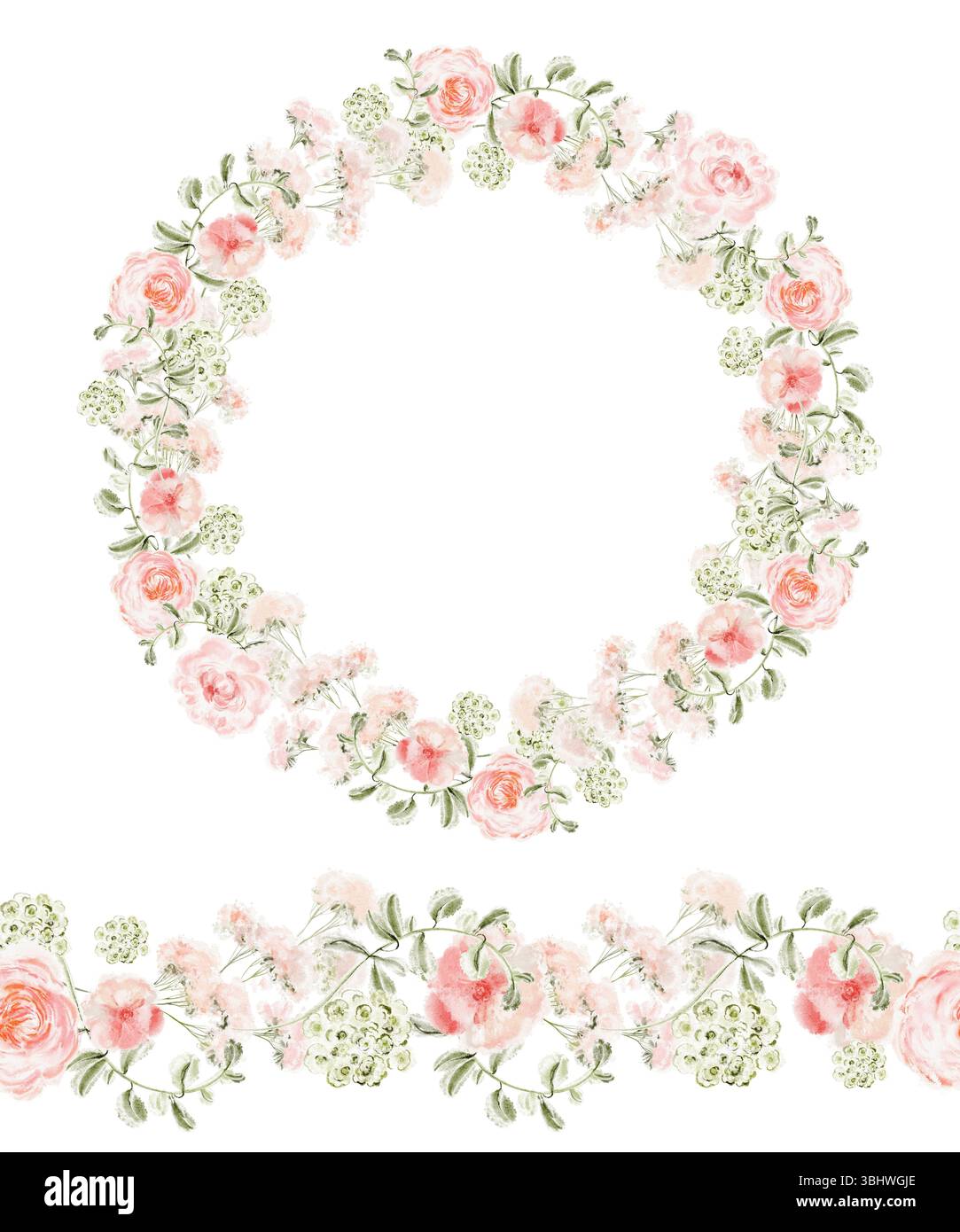 Set mit Blumenmuster in Aquarellfarben, Kranz und nahtloser Borte. Inklusive rosa Rosen, Pfingstrosen, Blätter. Botanische Elemente für Karten, Einladungen, Hochzeit, Begrüßung Stockfoto