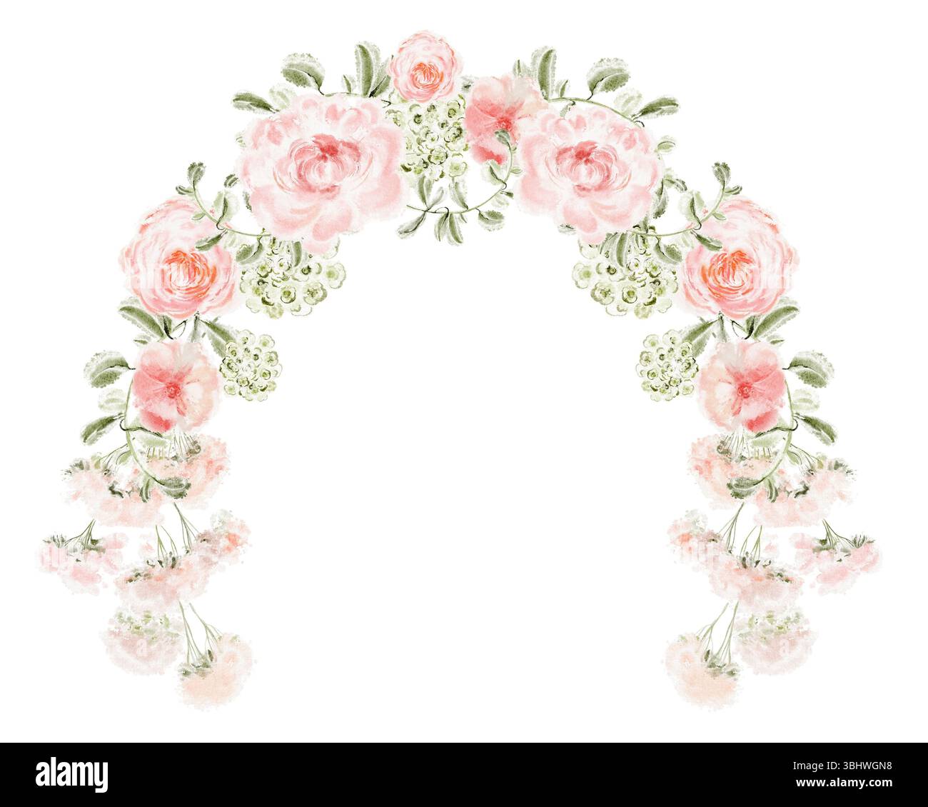 Blumenbogen in Aquarellfarben mit rosa Rosen, Pfingstrosen und Minirosen. Botanischer Rahmen in sanften Rosa- und Grüntönen. Perfekt für Einladung, Begrüßung c Stockfoto
