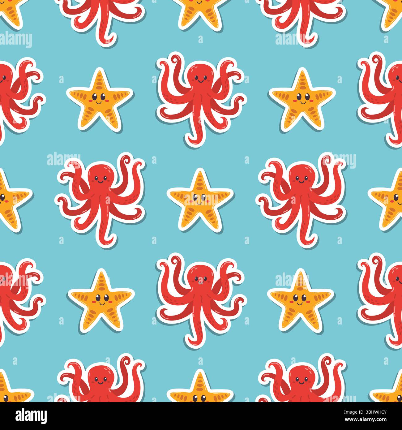 Nahtloses Muster mit Kawaii-Oktopus und Seestern-Aufklebern in flacher Zeichentrickserie, angeordnet in Punktreihenfolge auf blauem Hintergrund. Niedliches pe-Design im Ozeandesign Stock Vektor