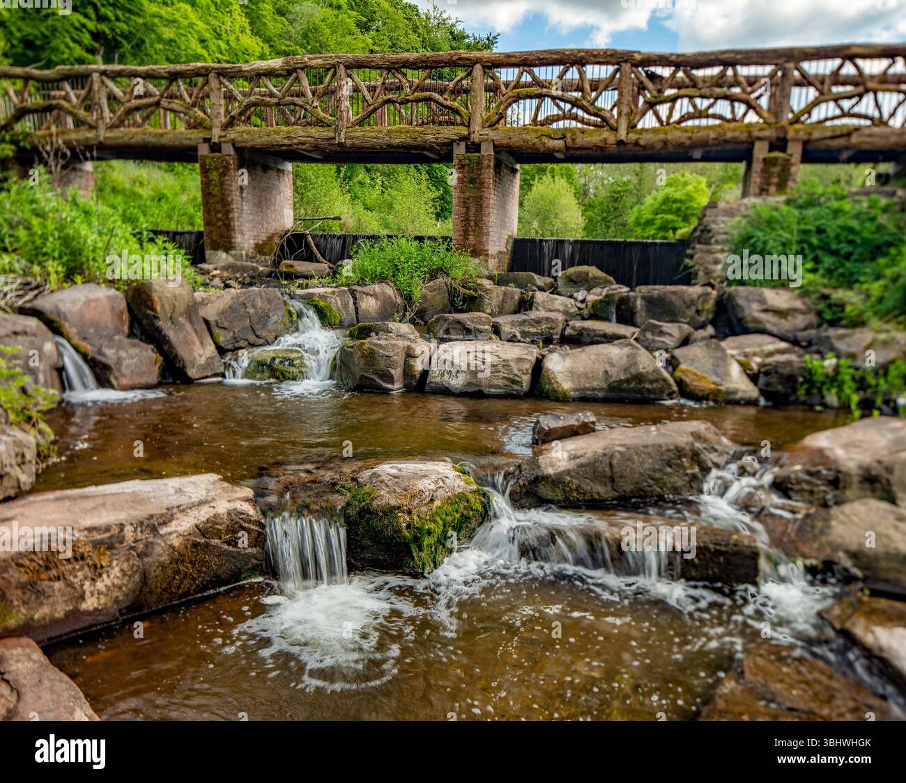 Die rustikale Oak Bridge im National Botanic Garden of Wales, Carmarthenshire, Wales, mit rauschendem Fluss Towi über Felsen im Vordergrund. Verlockend Stockfoto
