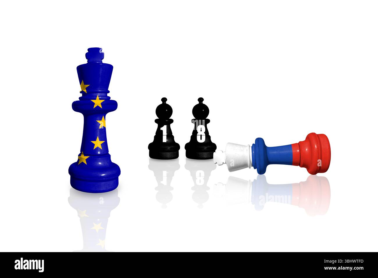 Sanktionen und Embargo der Europäischen Union für russischen Krieg und Aggression in der Ukraine. Schach aus Fahnen der EU und Russlands. 18 Sanktionspaket Stockfoto