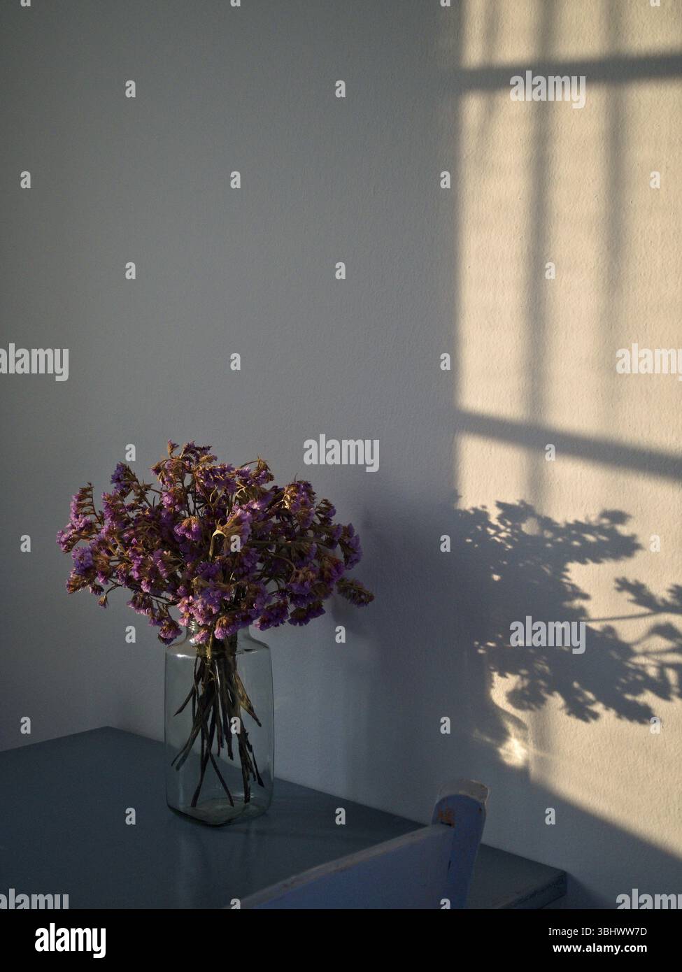 Sanftes Sonnenuntergangslicht auf blaugrauen Möbeln und geblümter Einrichtung. Stockfoto