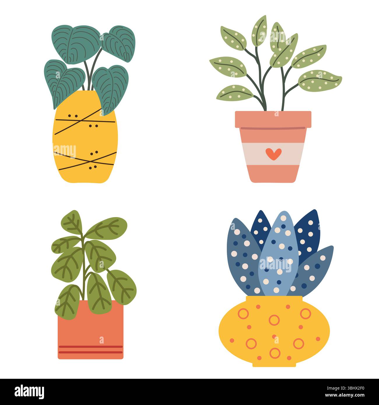 Set von Hauspflanzen in Töpfen. Süße Blumen in Töpfen. Retro-Pflanzen. Stock Vektor