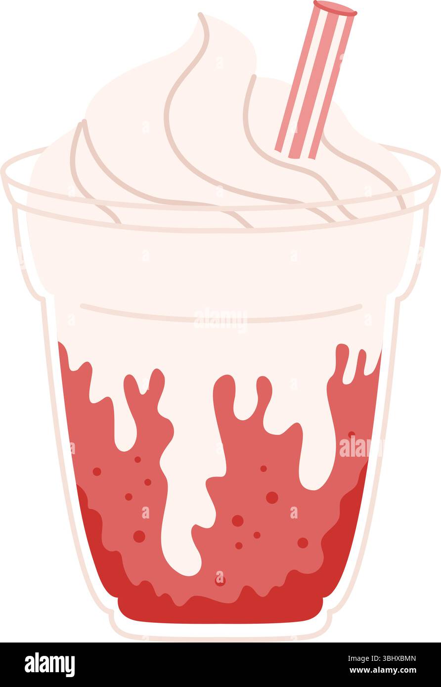 Erfrischendes Soda-Float mit Schlagsahne und rosa gestreiftem Stroh in durchsichtigem Plastikbecher. Süß, leicht und köstlich. Abbildung des Materialvektors Stock Vektor