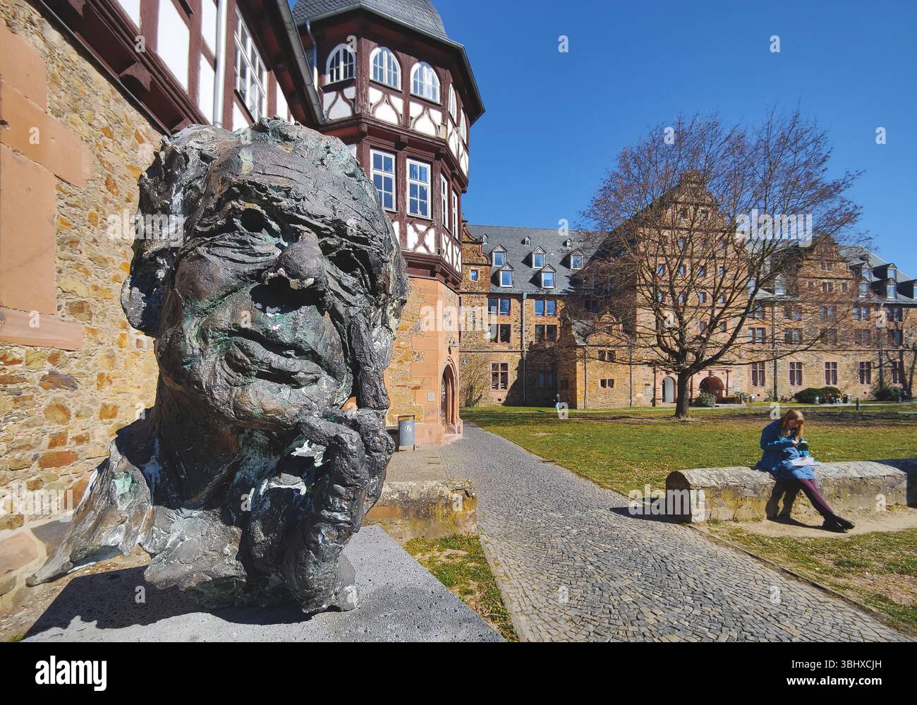 Skulptur des Oberhauptes von Horst-Eberhard Richter vor dem Neuen Schloss und dem Waffenlager der Justus-Liebig-Universität, Deutschland, Hessen, Gießen Stockfoto