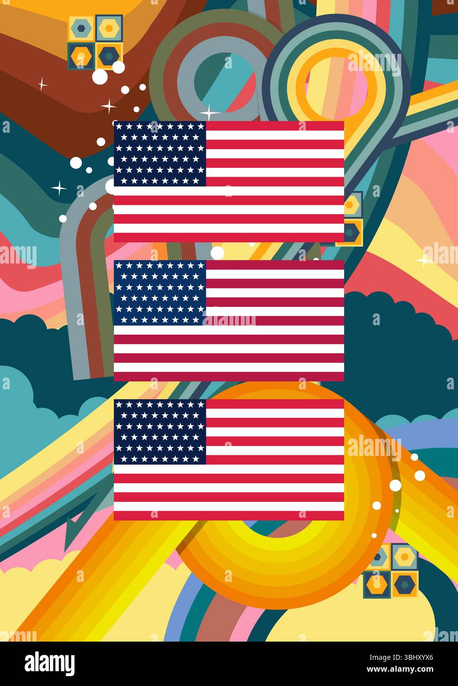 Retro 70er Jahre Hintergrund mit amerikanischer Flagge. Groovige Kunstvorlage zum Unabhängigkeitstag der 1970er Jahre. Minimalistisches Poster im Vintage-Design. Altmodische Farbvorlagen. Stock Vektor
