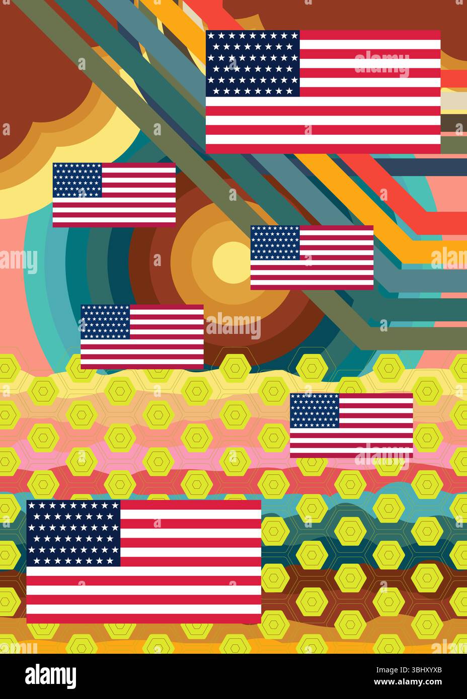Retro 70er Jahre Hintergrund mit amerikanischer Flagge. Groovige Kunstvorlage zum Unabhängigkeitstag der 1970er Jahre. Minimalistisches Poster im Vintage-Design. Altmodische Farbvorlagen. Stock Vektor