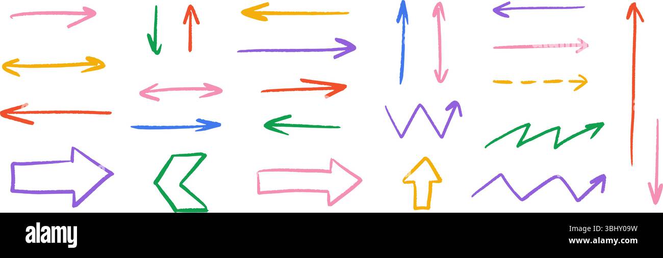 Bunte handgezeichnete Buntstift-Pfeilkollektion. Gerade Pfeile mit Zick-Zack- und Strich-Doodle gesetzt. Zeiger und Richtungslinien in anthrazitfarbenen Skizzen. Pinselstrichelemente für Vektor-Pastellstifte, Kreide oder Markierpinsel Stock Vektor