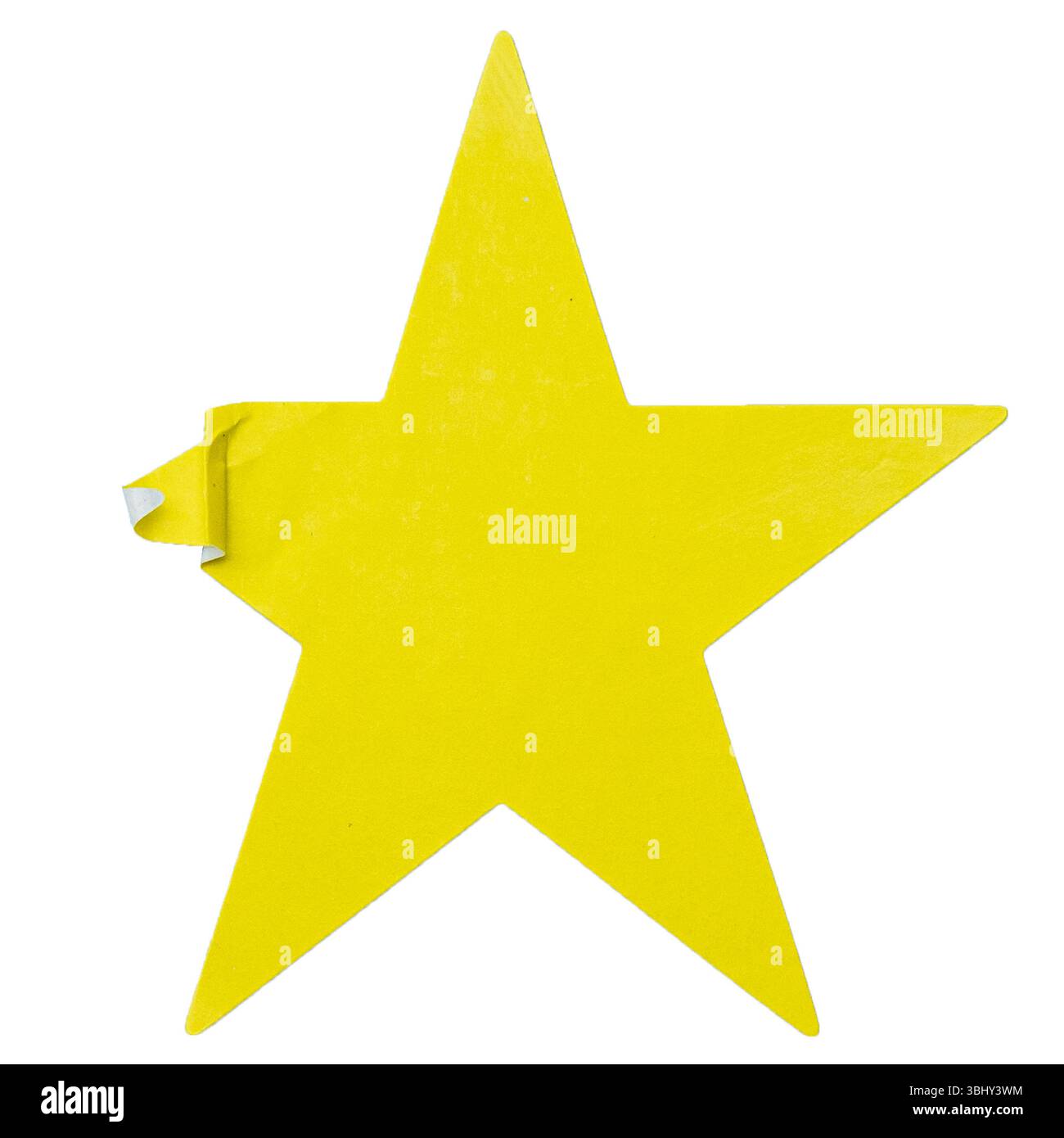 Gelber, sternförmiger Aufkleber isoliert auf weiß. Stockfoto