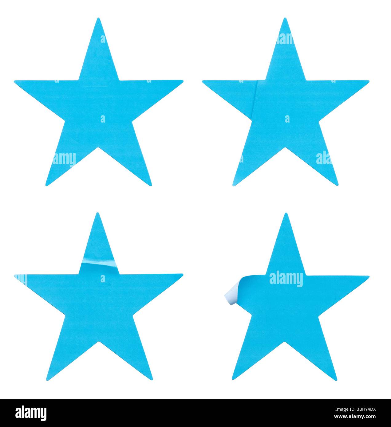 Ein Satz blauer, sternförmiger Papieraufkleber, isoliert auf weißem Hintergrund. Stockfoto