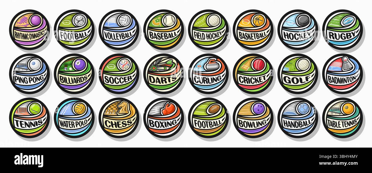 Vector Sport Logos Set, Gruppe von einfachen Tags mit fliegenden Bälle auf gekrümmter Flugbahn, Sammlung von Illustrationen schwarze Sportkonzepte mit Spielausrüstung Stock Vektor