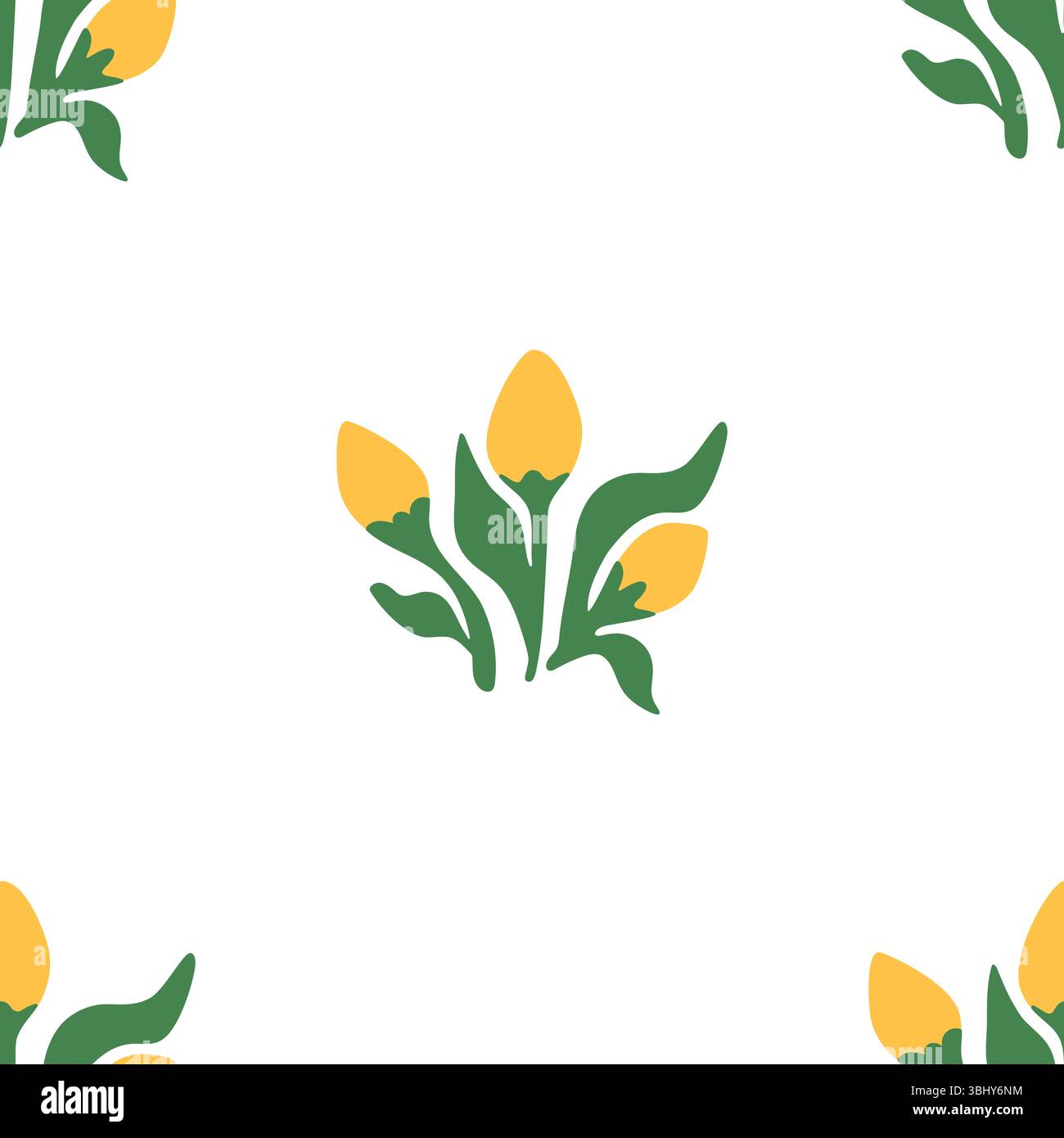 Nahtloses Vektormuster mit gelben Tulpensträußen und grünen Blättern auf einem weißen Hintergrund in flacher Art Stock Vektor