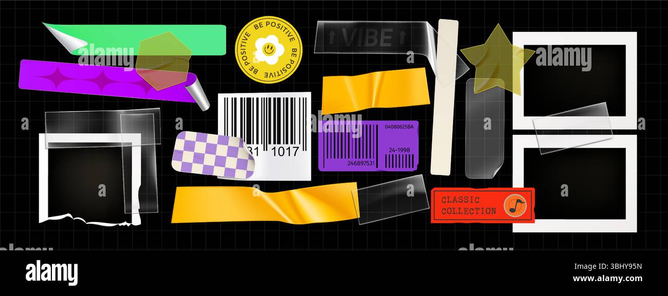 Y2K Ästhetische Sticker-Kollektion mit Bilderrahmen, Barcode-Etiketten und Retro-Elementen – realistisches, lebendiges Design für nostalgisches Scrapbooking, digitale Collage und Grafiken im Millennial-Stil. Stock Vektor