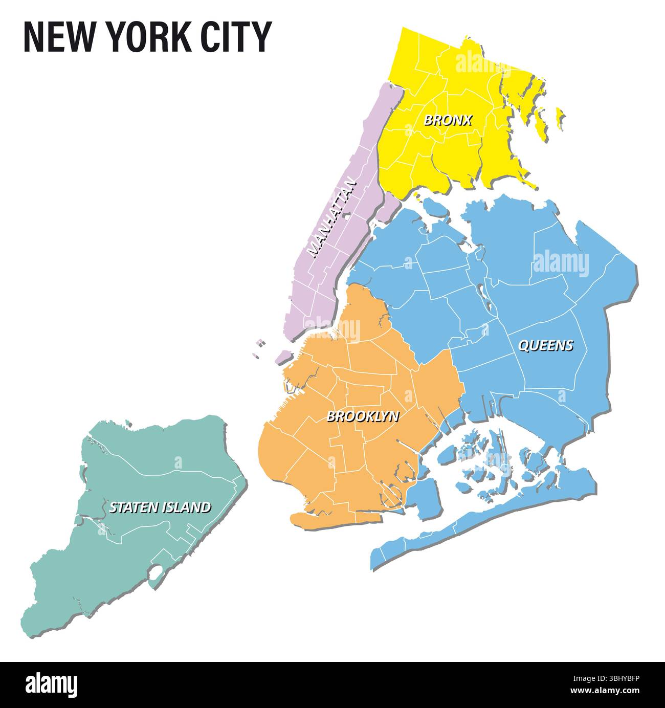 Farbübersichtskarte der fünf New Yorker Stadtteile Stockfoto