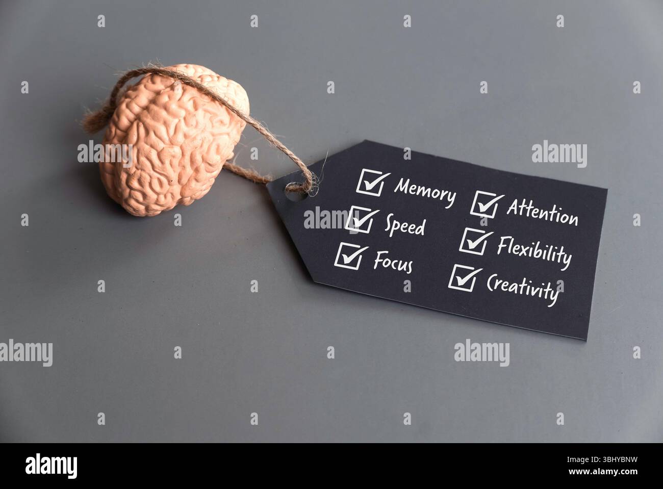 Gehirn mit Tag zur Hervorhebung kognitiver Fähigkeiten: Gedächtnis, Geschwindigkeit, Fokus, Aufmerksamkeit, Flexibilität, Kreativität Stockfoto