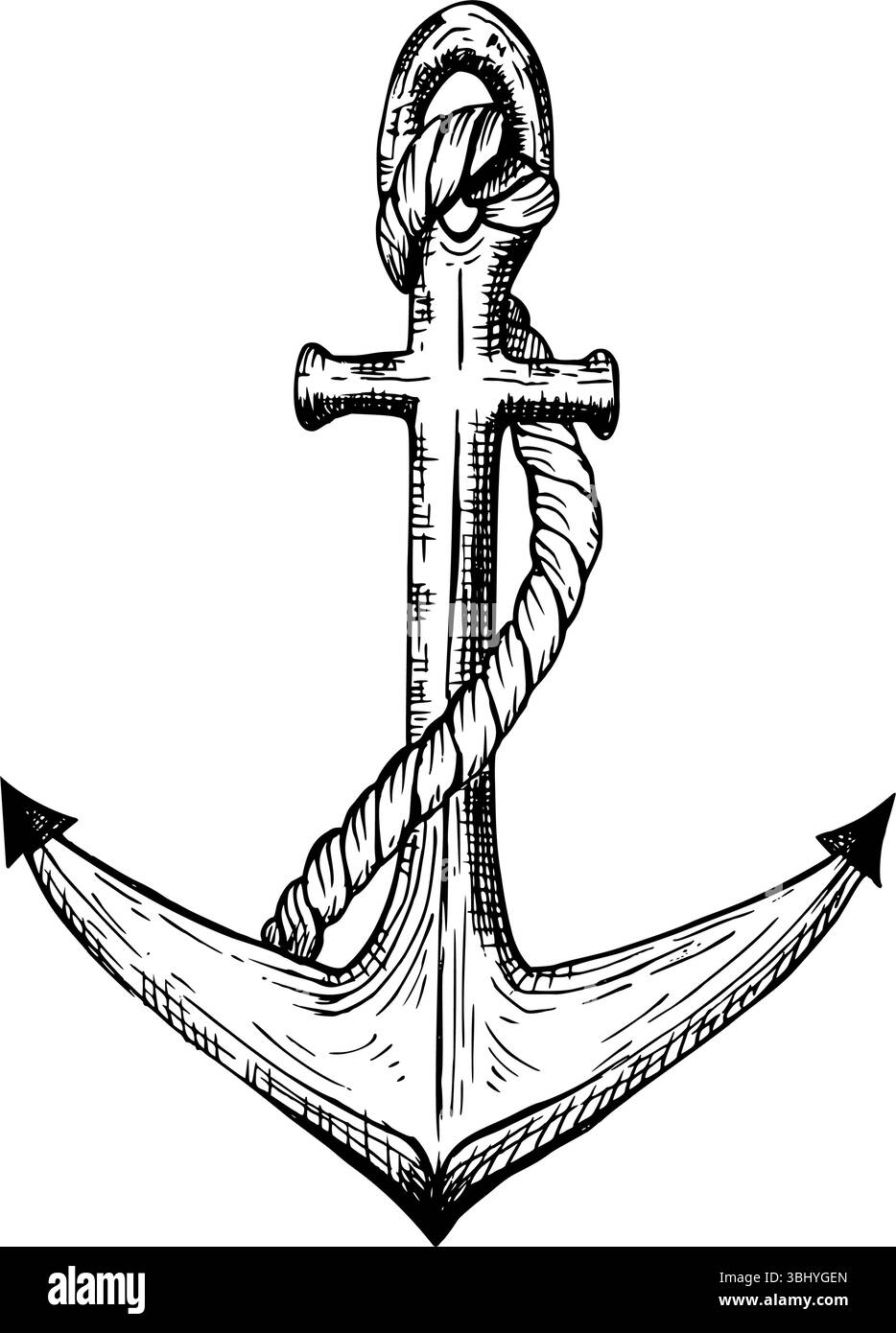 Ein maritimer Anker, umwickelt in ein dickes Seil. Schwarz-weiß handgezeichnete Vektorillustration. Grafikskizze im Linienstil. Isoliert auf weiß Stock Vektor