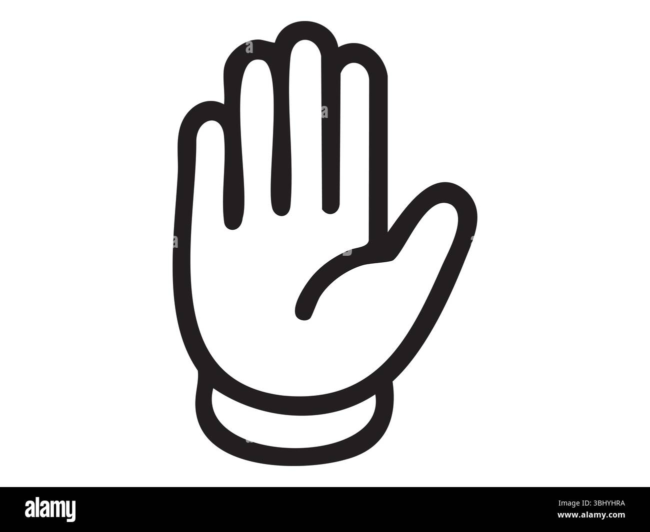 Schwarze Umrandung geöffnetes Symbol für geöffnete Hand auf weißem Hintergrund. Konzept von Stoppsignal, Begrüßungsgeste, Aufmerksamkeitsanfrage, friedlichem Symbol Stock Vektor