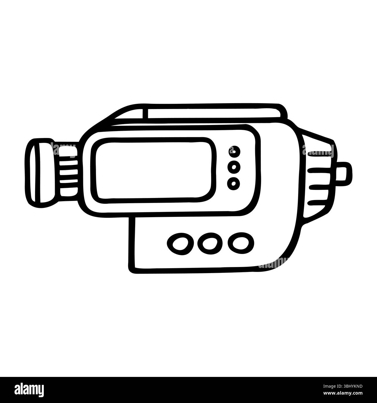Eine einfache Linienzeichnung einer Videokamera. Die Kamera verfügt über ein Objektiv, Tasten und ein rechteckiges Gehäuse. Sie steht für die Videoaufzeichnungstechnologie. Stock Vektor