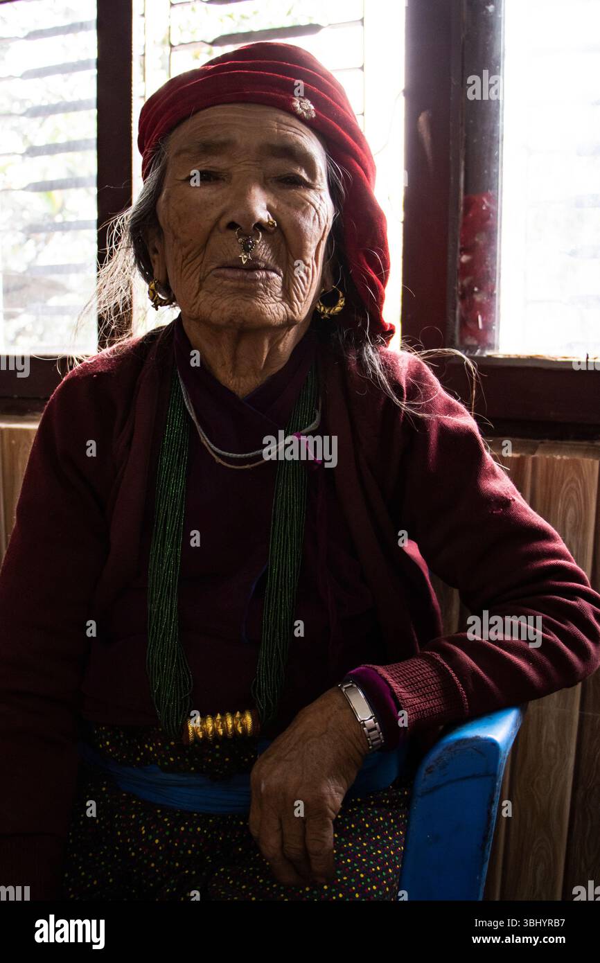 Eine ältere Dame aus der Tamang Community, die eine Bulaki trägt, eine traditionelle Nasennadel. Chitwan, Nepal. Stockfoto