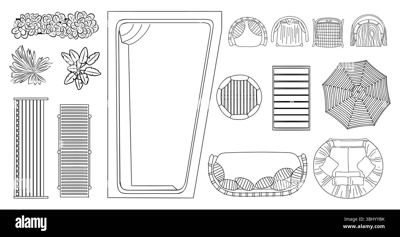 Eine Zeichnung eines Pools und einer Terrasse mit verschiedenen Gegenständen Stock Vektor