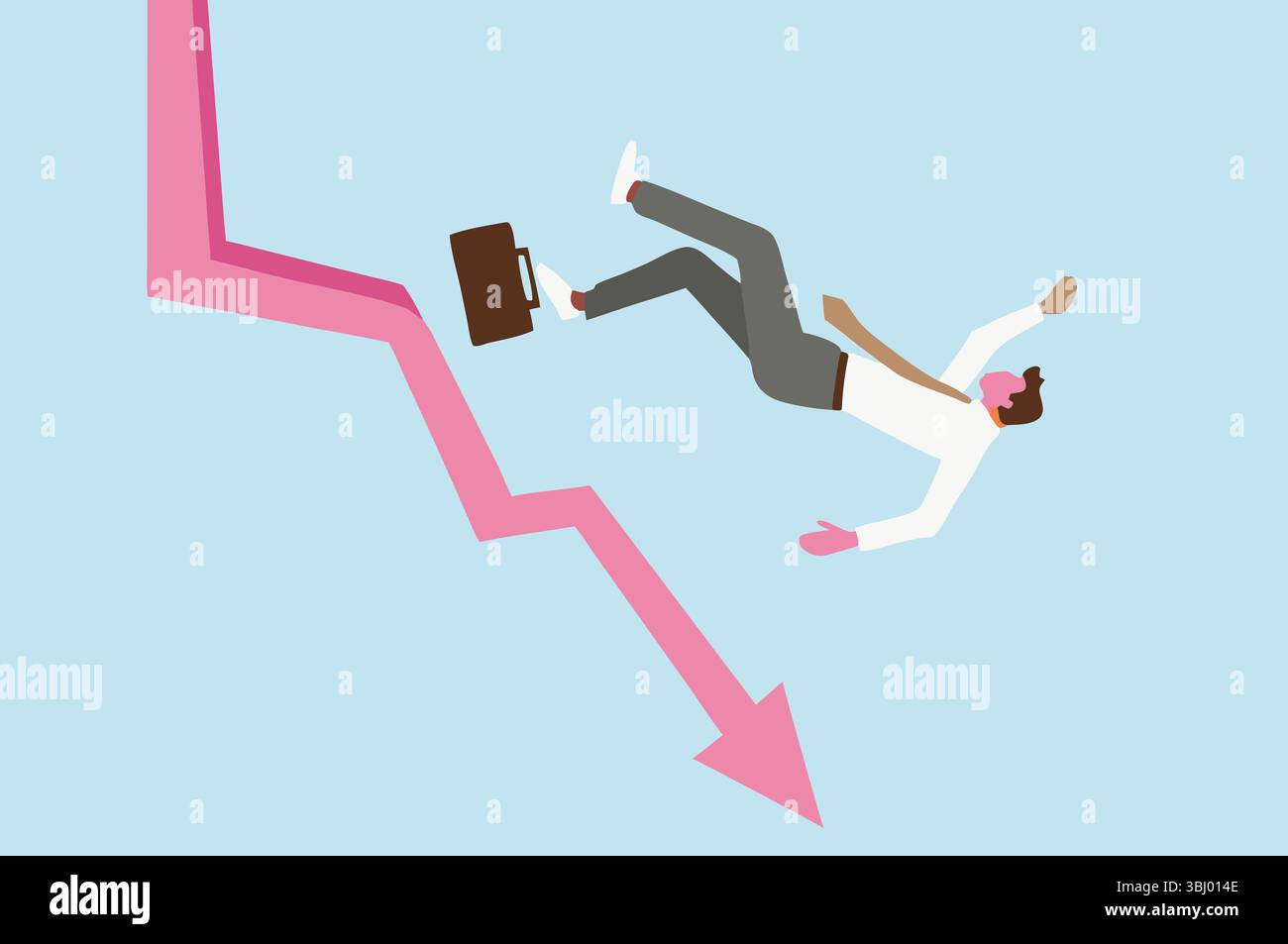 Ein Geschäftsmann, der neben einem nach unten zeigenden Pfeil fällt, symbolisiert finanziellen Niedergang und Depression und veranschaulicht damit das Konzept von Risiko und Instabilität Stockfoto