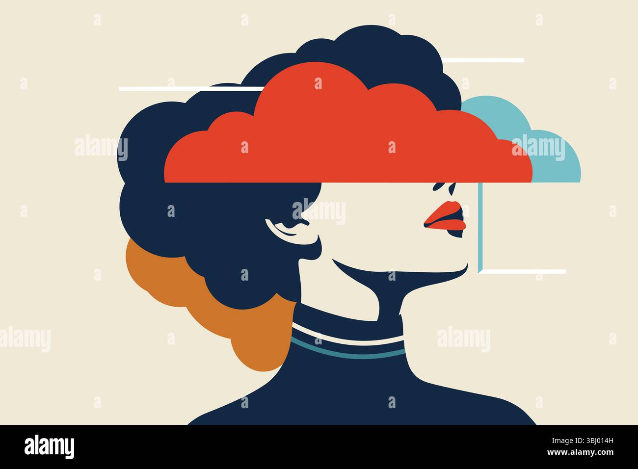Eine stilvolle abstrakte Illustration eines weiblichen Profils mit einer leuchtenden Wolke und geometrischen Elementen, die Depressionen symbolisieren, die ein deutliches Rot und blau hervorheben Stockfoto