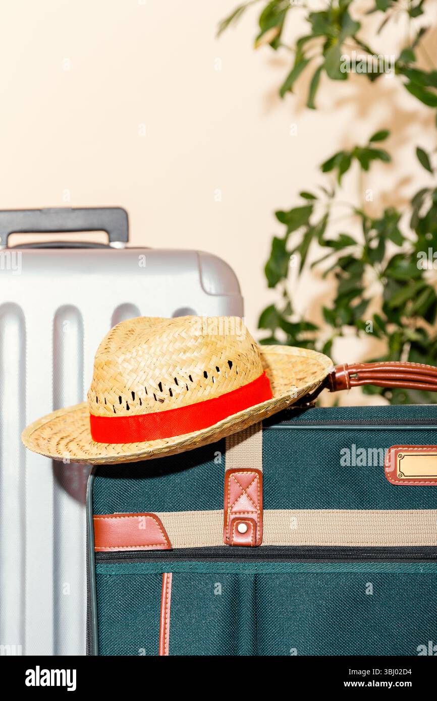 Zwei stilvolle Koffer mit einem Strohhut auf der Oberseite, was auf Reisen und Urlaub andeutet. Die Koffer bestehen aus strapazierfähigen Materialien, perfekt für die Stockfoto