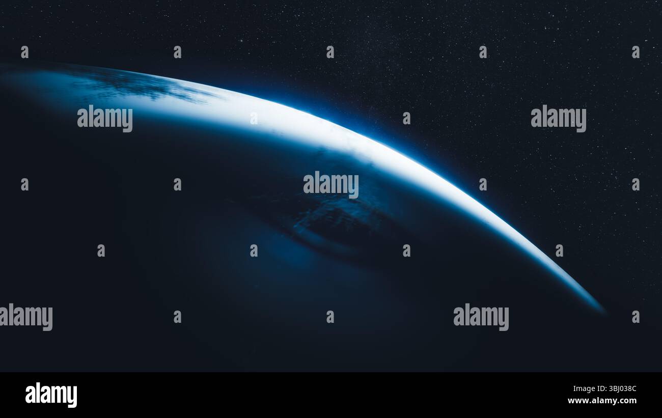 Diese atemberaubende Aussicht zeigt die von Stadtlichtern erleuchtete Erde unter einer Decke aus Sternen und offenbart ein kosmisches Panorama bei Nacht Stockfoto