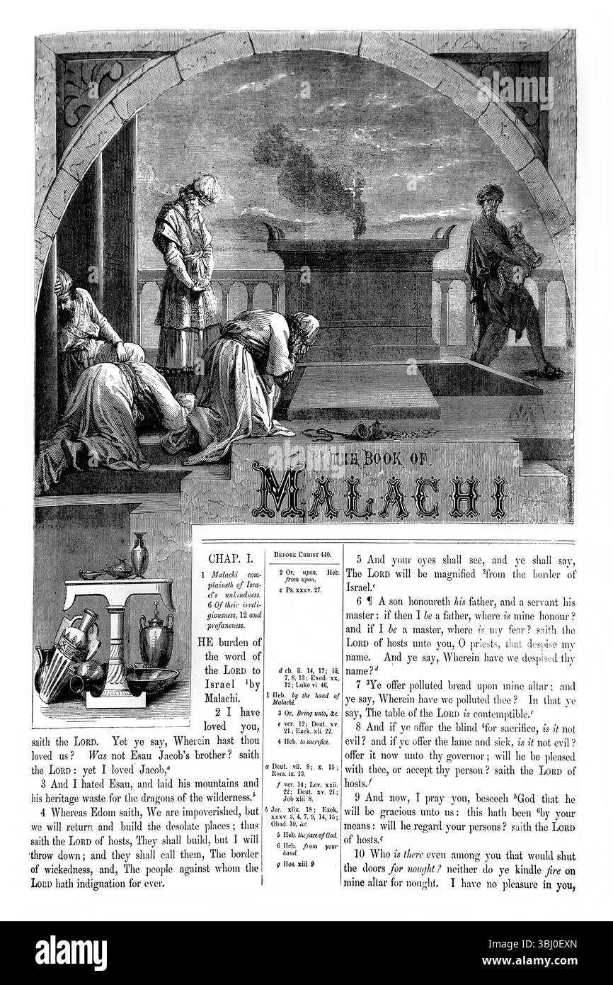 Titelseite von Maleachi, die Priester darstellen, die blinde, lahme oder kranke Tiere zum Opfer bringen, die Maleachi aus dem antiken 19. Jahrhundert dem Heiligen nehmen Stockfoto