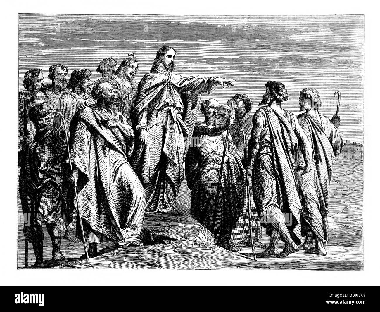 Illustration von Jesus Christus, der die zwölf Apostel aussendet, um das Wort Gottes Matthäus X. aus dem antiken 19. Jahrhundert zu verbreiten Stockfoto