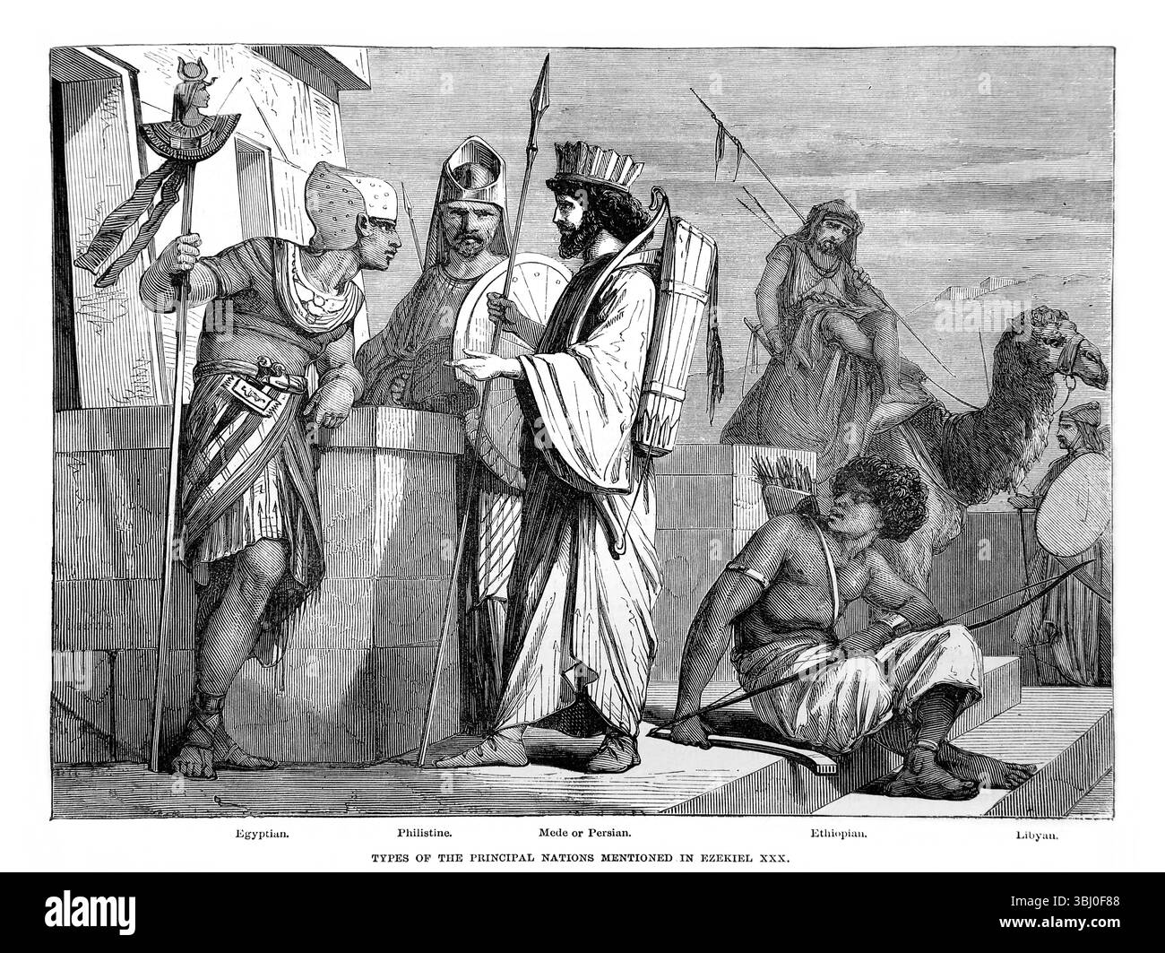 Abbildung der in der Ezekiel erwähnten Hauptnationen - Ägyptisch, Philister, Mede oder Persisch, Äthiopisch und Libysch aus dem Antiken Stockfoto Abbildung der in der Ezekiel erwähnten Hauptnationen - Ägyptisch, Philister, Mede oder Persisch, Äthiopisch und Libysch aus dem Antiken Stockfoto