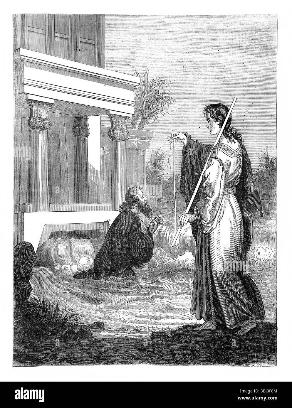 Illustration der Vision des Heiligen Wassers Ezekiel XLVLL 1-5, das unter dem Tempel von Jerusalem fließt und aus dem antiken 19. Jahrhundert nach Osten fließt Stockfoto