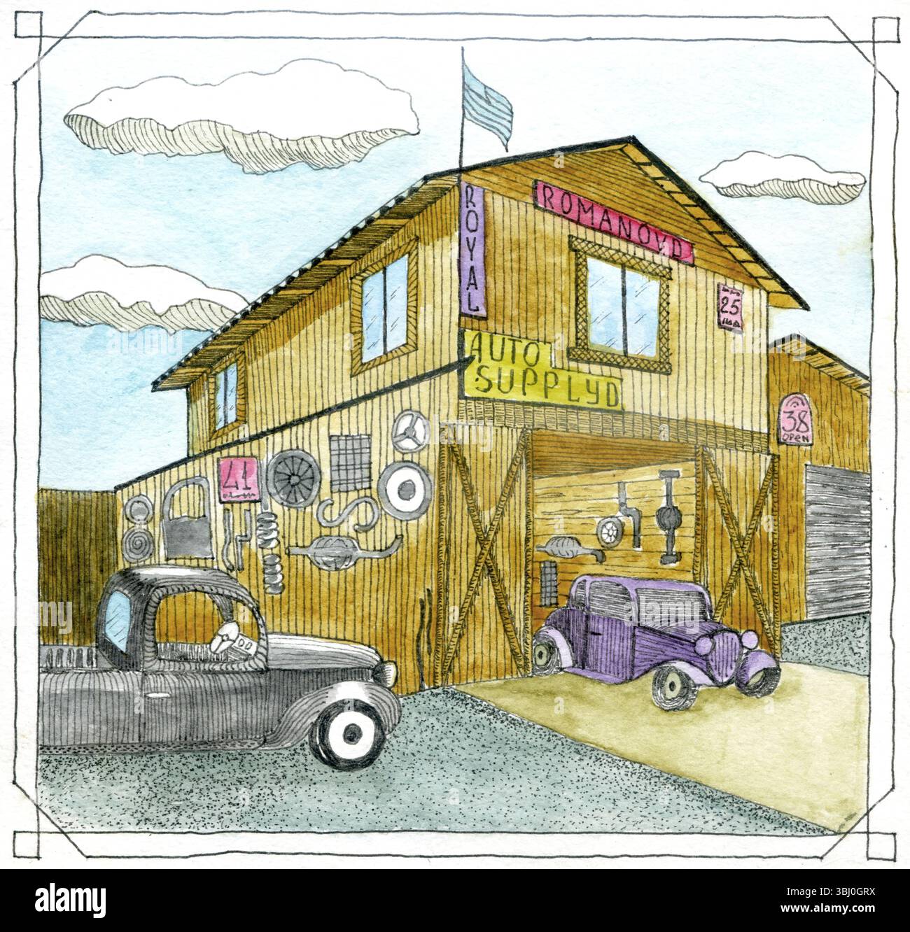 Handgezeichnete Skizze einer hölzernen Autowerkstatt mit Oldtimern und Werkzeugen im Hintergrund. Perfekt für Automobil-, Retro- oder Business-Anwendungen Stockfoto