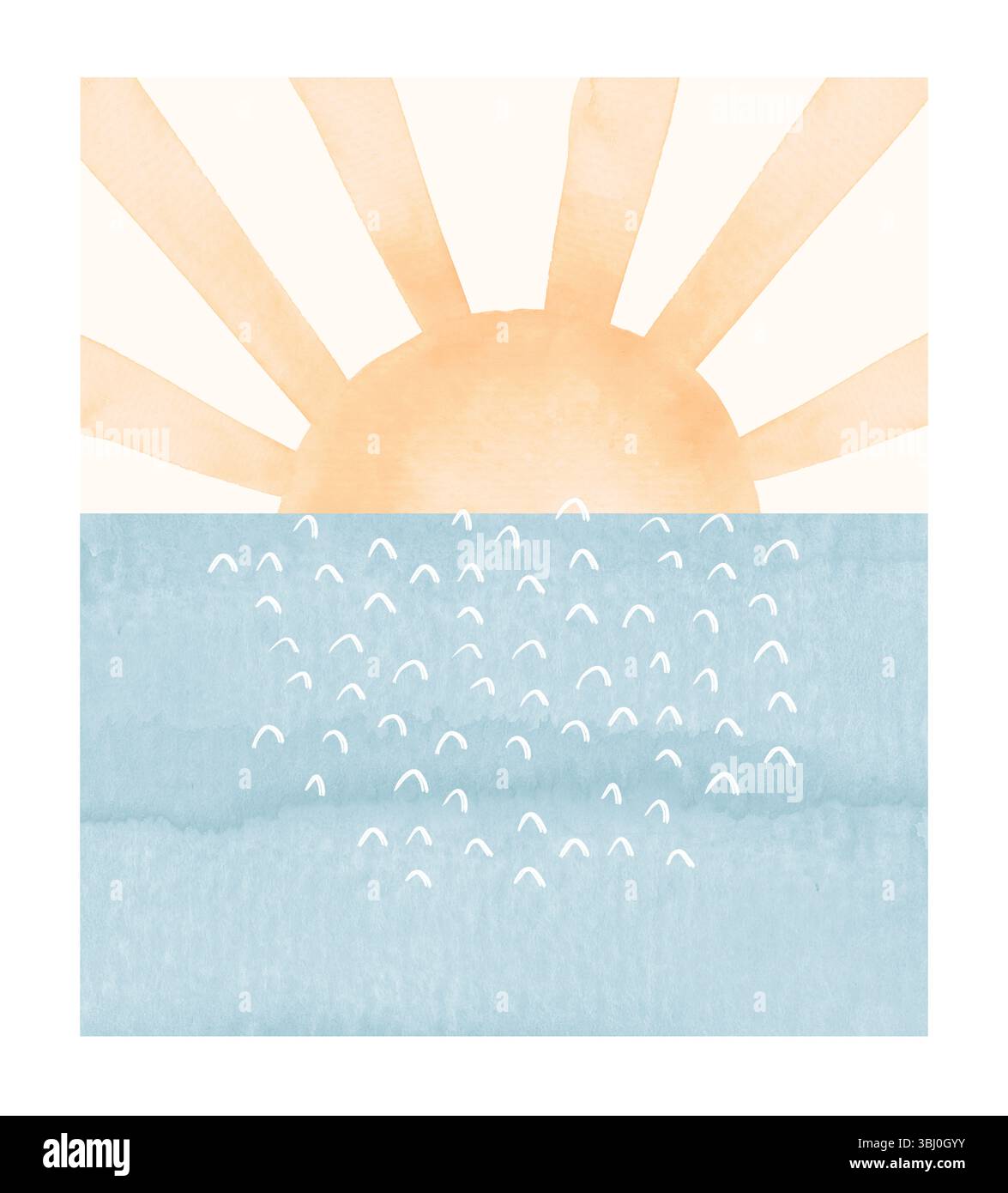 Aquarellmalerei mit goldener Sonne und blauem Meerwasser. Kindergarten-Kunst Im Infatile Stil Mit Großer, Gelb Untergehender Sonne Und Ruhigem, Blauem Meer. Kinderzimmer-Dekoration. Stockfoto