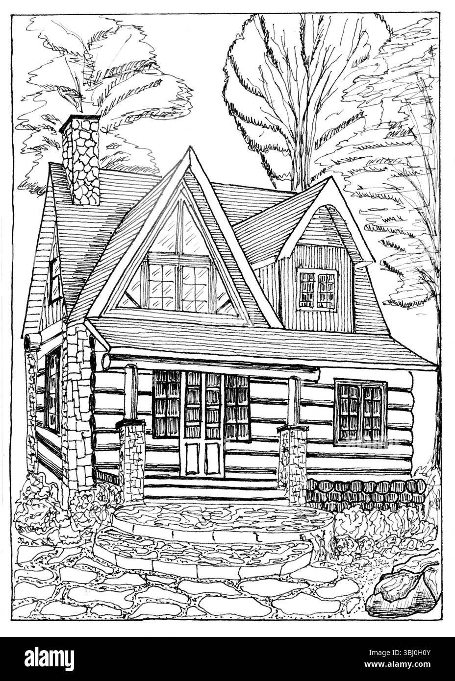 Aufwändige Zeichnung in Schwarz-weiß-Tinte einer traditionellen Blockhütte in einer bewaldeten Landschaft mit detaillierten architektonischen Elementen, gefundenem Stein Stockfoto