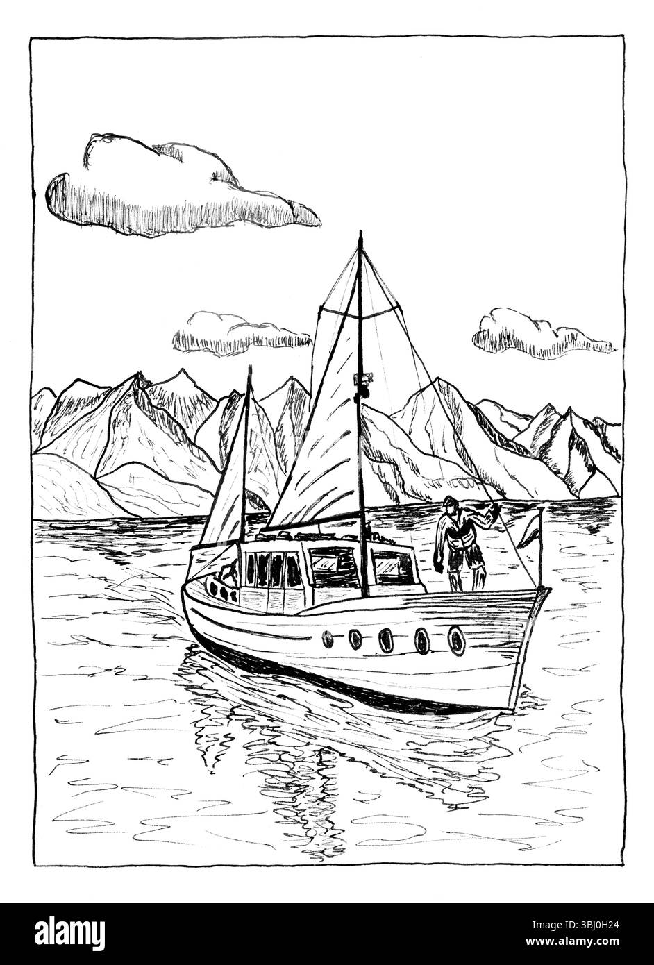 Eine detaillierte Tuschenskizze, die ein kleines Segelboot zeigt, das einen ruhigen Bergsee navigiert. Die Abbildung zeigt ein Holzschiff mit Mast und Segeln, fe Stockfoto