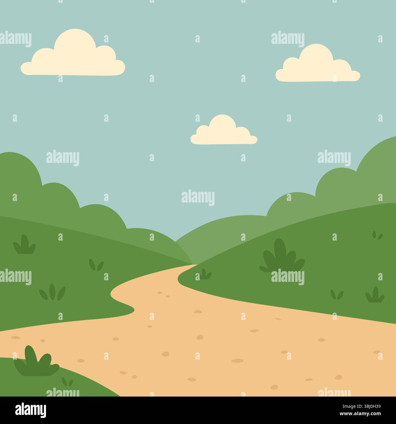 Eine ruhige Vektorszene zeigt einen sanften, unbefestigten Pfad, der sich zwischen üppigen Grashügeln unter einem weichen Himmel mit flauschigen Wolken windet, die an ein ruhiges ländliches Atmo erinnern Stock Vektor