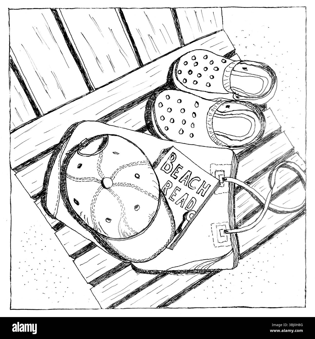 Eine detailgetreue handgezeichnete Illustration mit Essentials für den Sommer, darunter eine Baseballmütze, Sandalen/Flip-Flops und eine Tragetasche mit der Aufschrift „BEACH READS“ Stockfoto