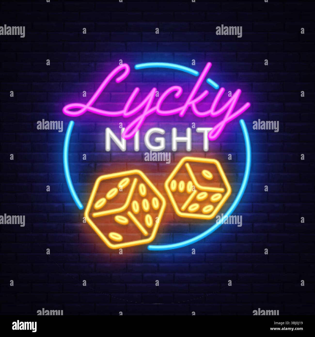 Neonschild mit Text Lycky Night und glühenden Würfeln, helle Illustration im Casino-Stil mit Retro-Vibe, hellrosa, weiße und gelbe Typografie auf Ziegelstein Stock Vektor