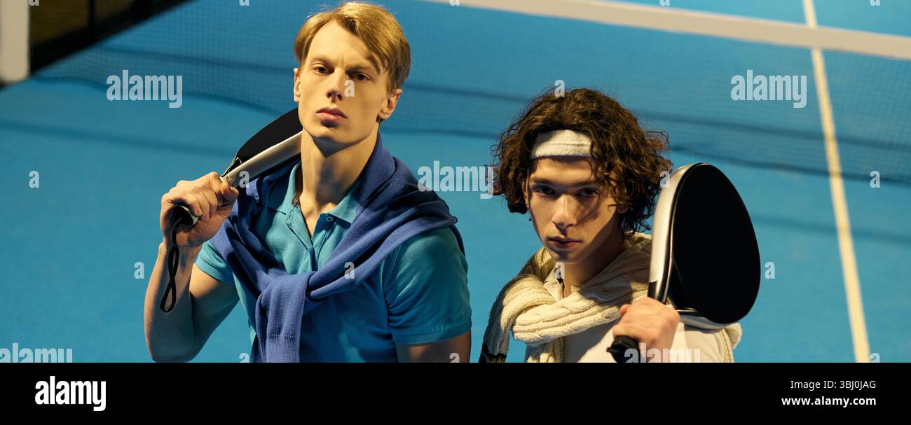 Zwei junge Männer, fokussiert und entschlossen, bereiten sich auf den pulsierenden Padel-Platz vor, Banner Stockfoto