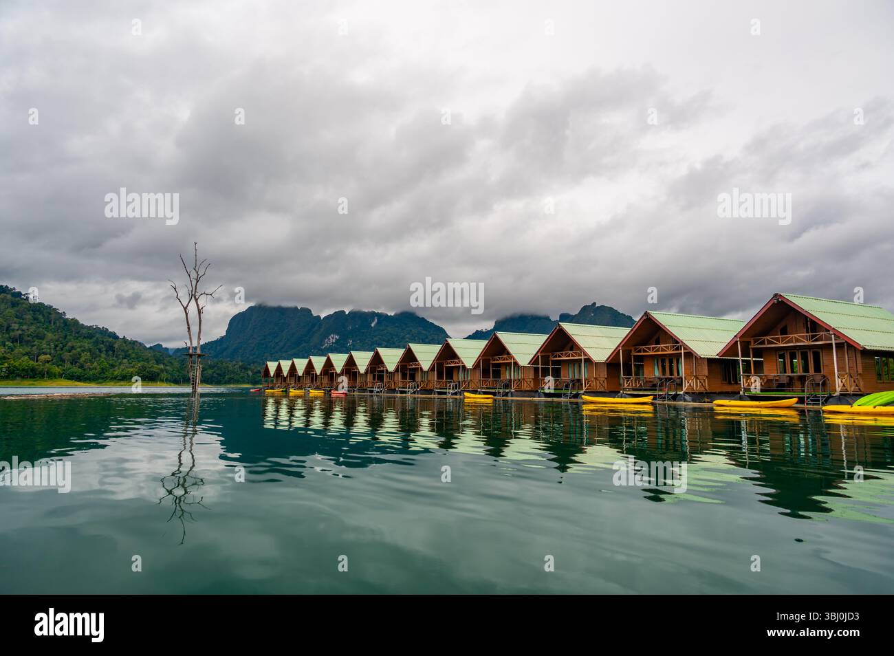 Schwimmende Holzbungalows auf dem ruhigen Wasser des Khao Sok Lake in Thailand, umgeben von üppigen Wäldern und tropischem Regenwald in einer friedlichen, Stockfoto