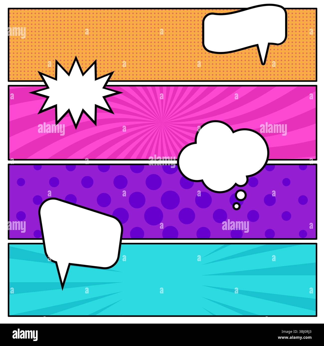 Farbenfroher Hintergrund der Comic-Seite im Pop-Art-Stil mit leeren Sprechblasen. Vorlage mit Rays- und Punktmuster. Vektorabbildung Stock Vektor Farbenfroher Hintergrund der Comic-Seite im Pop-Art-Stil mit leeren Sprechblasen. Vorlage mit Rays- und Punktmuster. Vektorabbildung Stock Vektor