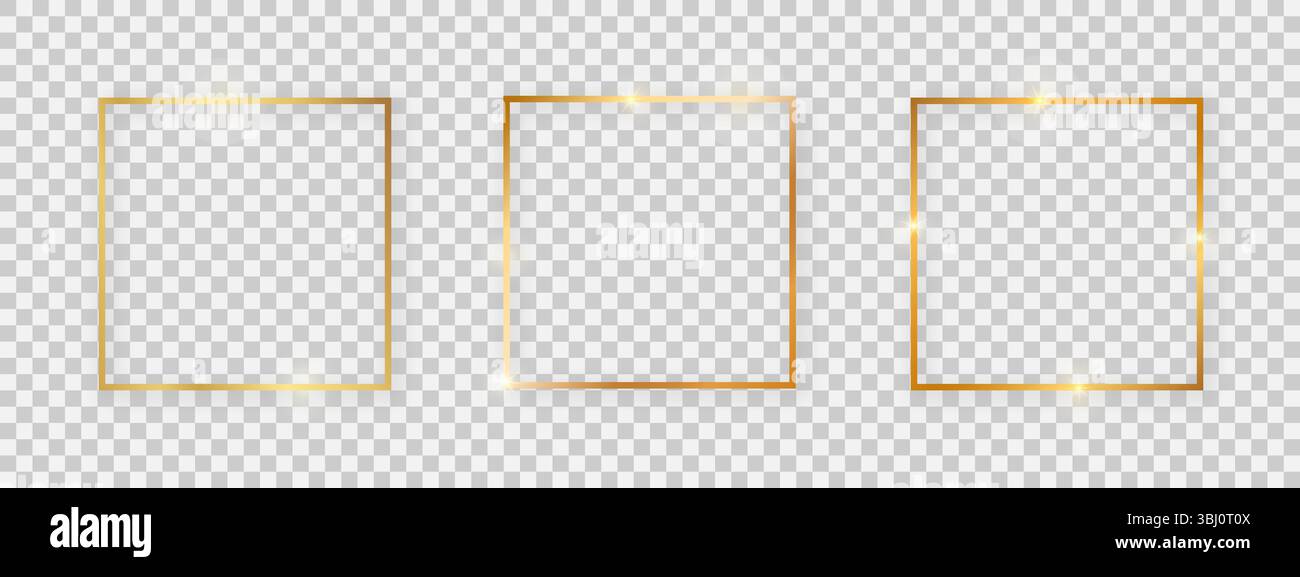 Quadratische, glänzende Rahmen mit leuchtenden Effekten. Set aus drei goldenen quadratischen Rahmen mit Schatten auf transparentem Hintergrund. Vektorabbildung Stock Vektor