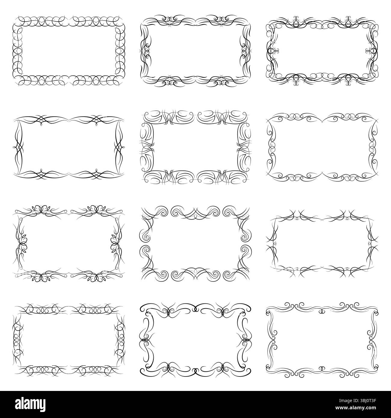 Set aus zwölf dekorativen horizontalen Vintage-Rahmen mit der Stelle für Ihren Text in der Mitte. Vintage Ornament Grußkarte Vorlage. Vektorillustratio Stock Vektor