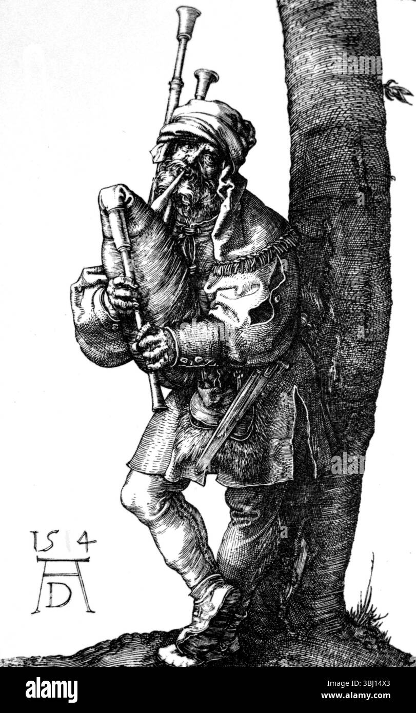 Dudelsackspieler, Radierung des deutschen Künstlers Albrecht Durer, Illustration 1500er Jahre Stockfoto