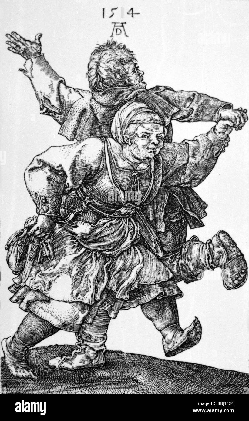 Tanzendes Bauernpaar, Radierung des deutschen Künstlers Albrecht Durer, Illustration 1500er Jahre Stockfoto