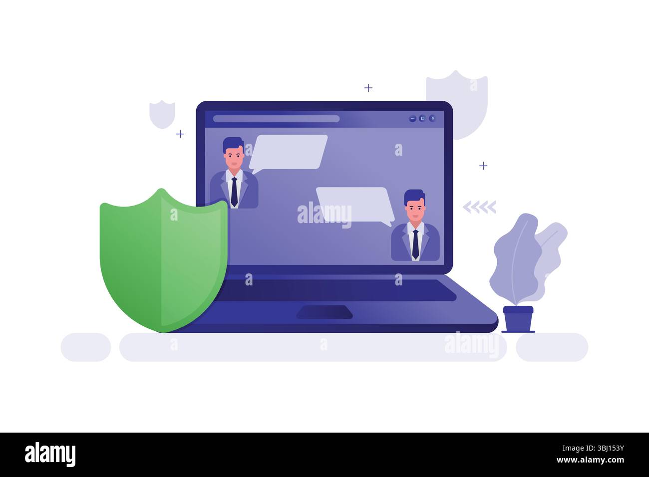 Vektorillustration eines Laptops mit Videoanruf und grünem Schild, digitalem Schutz und Cybersicherheitskonzept Stock Vektor
