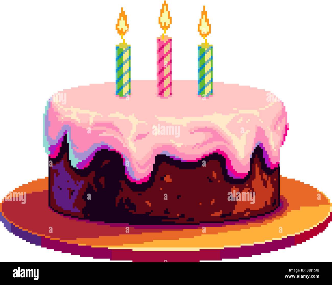 Vektor-Pixel-Kunst-Illustration einer bunten Geburtstagskuche mit drei gestreiften Kerzen und rosa Glasur. Festliches Dessert auf einem Teller isoliert auf weiß Stock Vektor